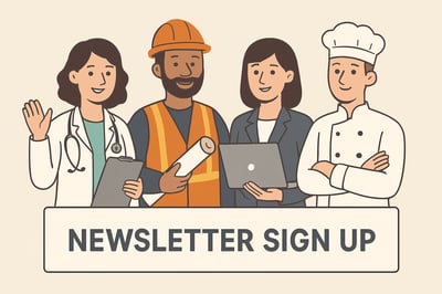 Newsletter signup illustration showing professionals from different industries. Newsletter signup illustration showing professionals from different industries.